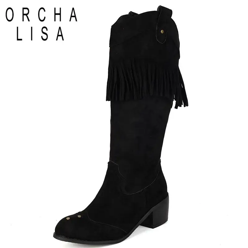 

ORCHA LISA 2025 Design Women Knee High Boots Round Toe Block Heels 5cm Flock Suede Tassels Slip On Big Size 44 45 46 Daily Bota