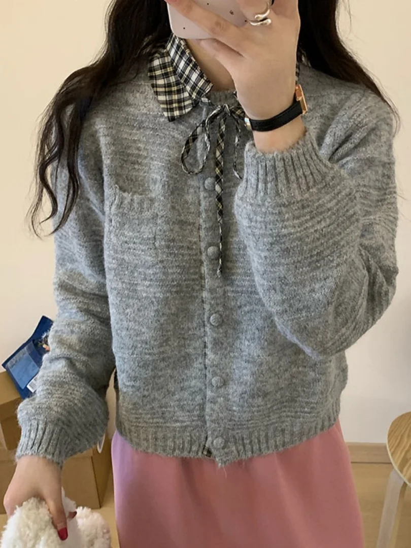 Korean Style Soft Cozy Plaid Collar Removable Belted Knitted Sweater Cardigan Women's Fashion Spring Autumn Winter Top