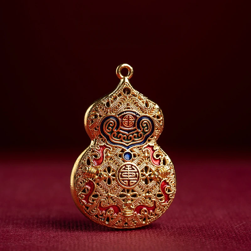 Enamel Color Copper Gourd Key Chain Lovers High-end Pendant Sand Gold Hotan Jade Double-sided Hollow Carving Festival Gifts