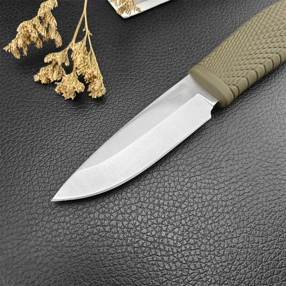 BM 200 Fixed Blade Hidden Knife D2 Blade Green Rubber Handle EDC Hunting Camping Tactical Multi-Purpose Tool Gift Leather Sheath