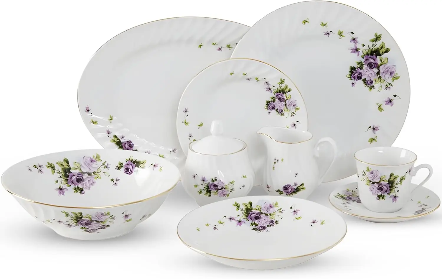 

Lynns Paradise 45-Piece Lucinda Dinner Set with Gold Trim Vintage Floral Plates & Bowls Sets Apartment Essentials Home Kitchen