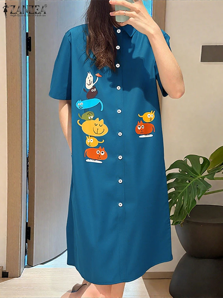 ZANZEA Mode Gedruckt Kleid Casual Revers Neck Shirt Sommerkleid 2025, Vintage Vestidos Tasten Kurze Puff Sleeve Robe Übergroßen