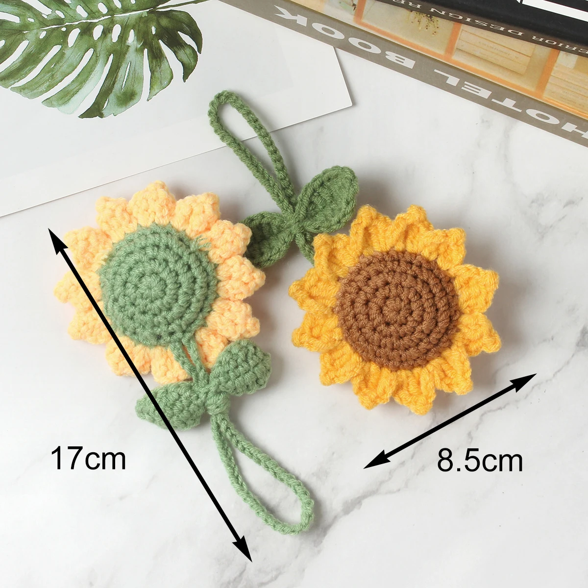 2pcs Handmade Crochet Knit Sunflower Multipurpose Pendant Bag Car Key Ring Decoration Charm  Cute Auto Interior Accessories