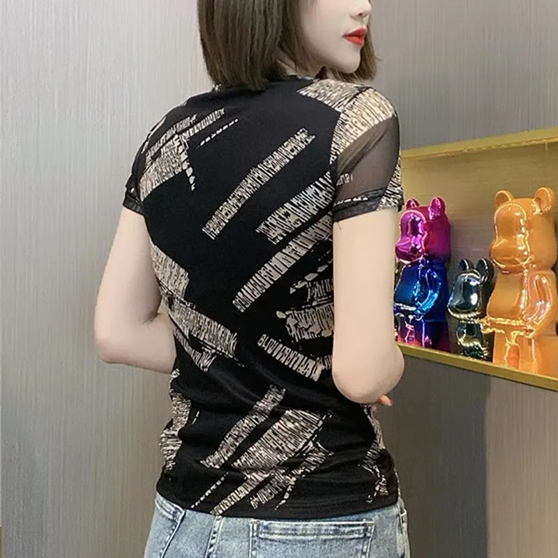 Summer New Large Size Women Vintage Printing Slim Short Sleeved T-shirt Net Yarn Round Neck Office Lady Micro Transparency Tops