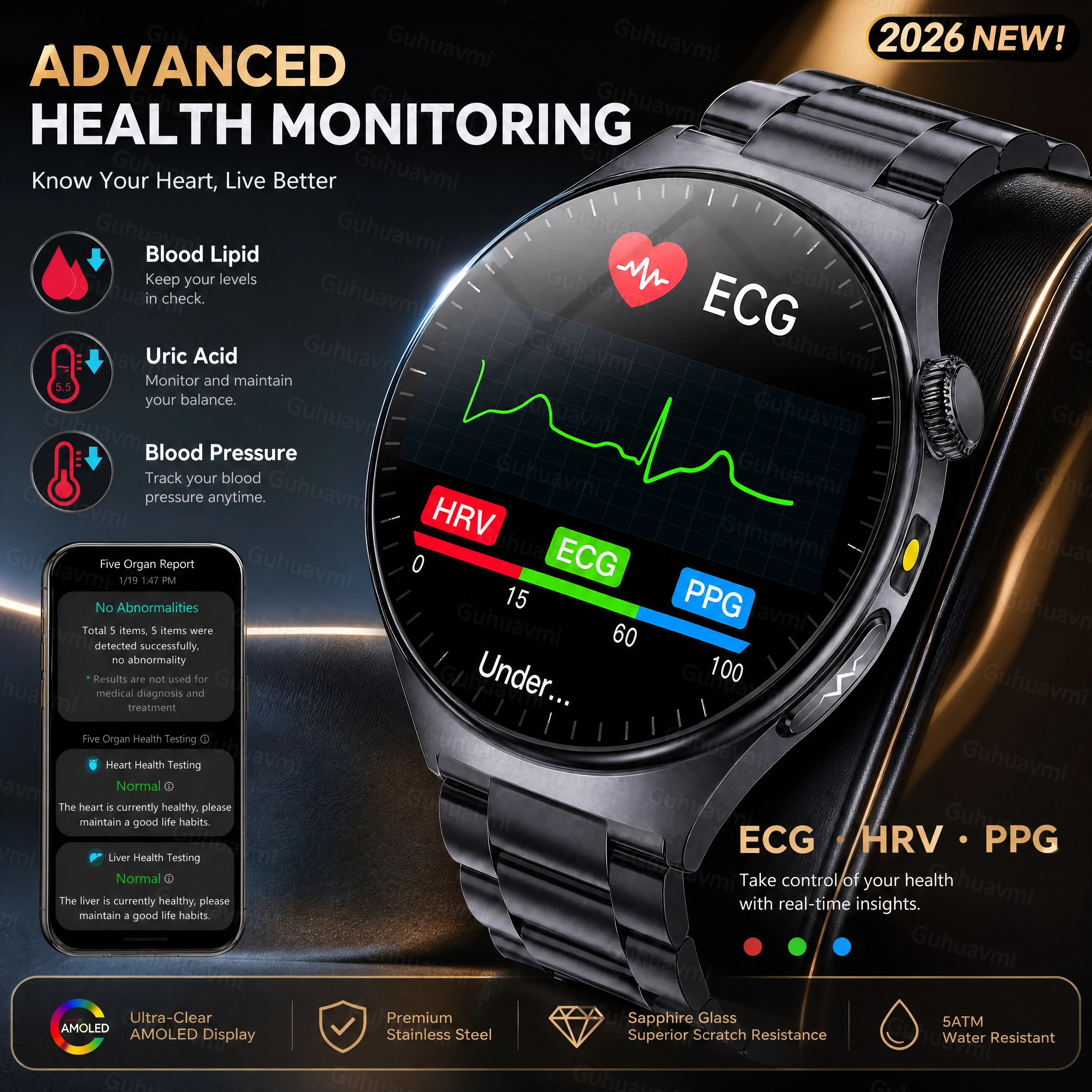 2026New Smart Watch Men ECG+PPG Monitor Blood Pressure HRV Uric Acid Blood Lipid Waterproof BT Call AMOLED Sports Smartwatch Men