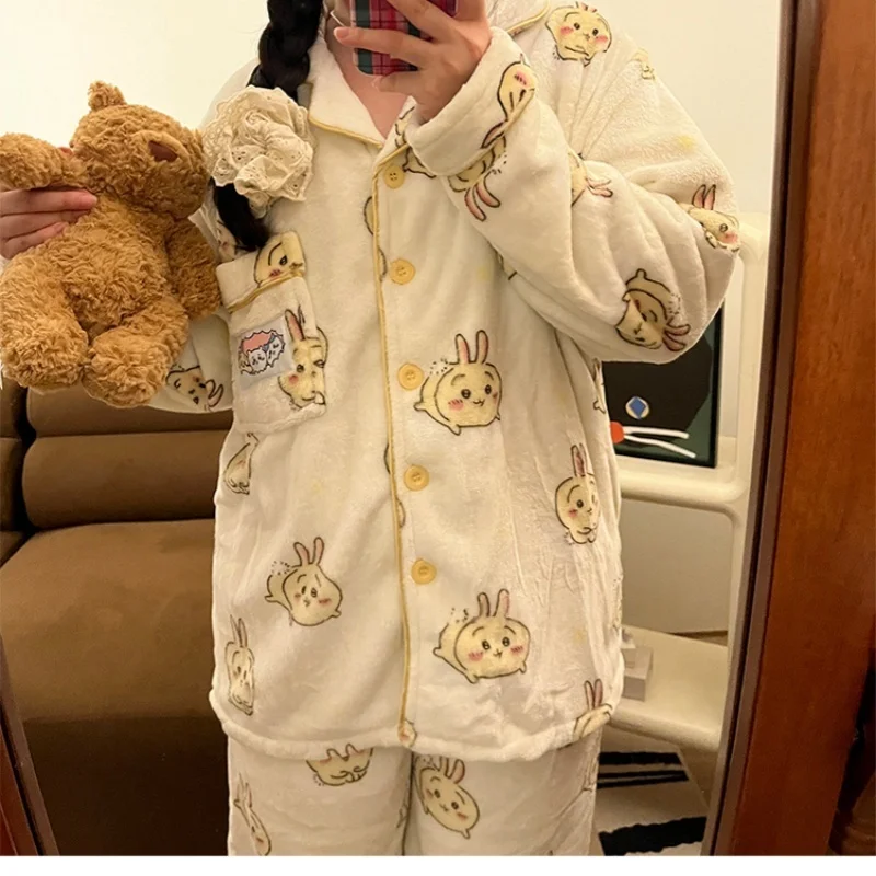 Chiikawa Hachiware منامة مجموعة أنيمي Usagi الفانيلا ملابس خاصة السراويل لطيف المرأة شتاء دافئ بيجامة ملابس المنزل هدية الكريسماس #6