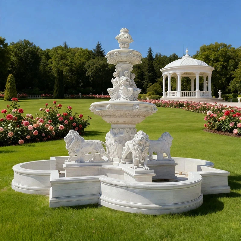 Eco-Friendly Minimalist Design Huge Outdoor  Water Lion Fountain and Lady Statue for Garden Deposit Only
