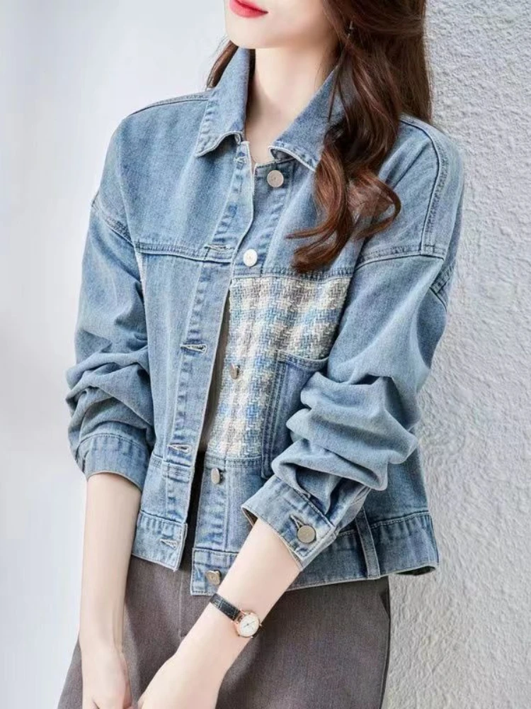 Denim Coats Women Short Coat Casual Turn Down Collar Full Sleeve Y2k Streetwear Jackets Work Elegant Splice Jacket 2025 Autumn