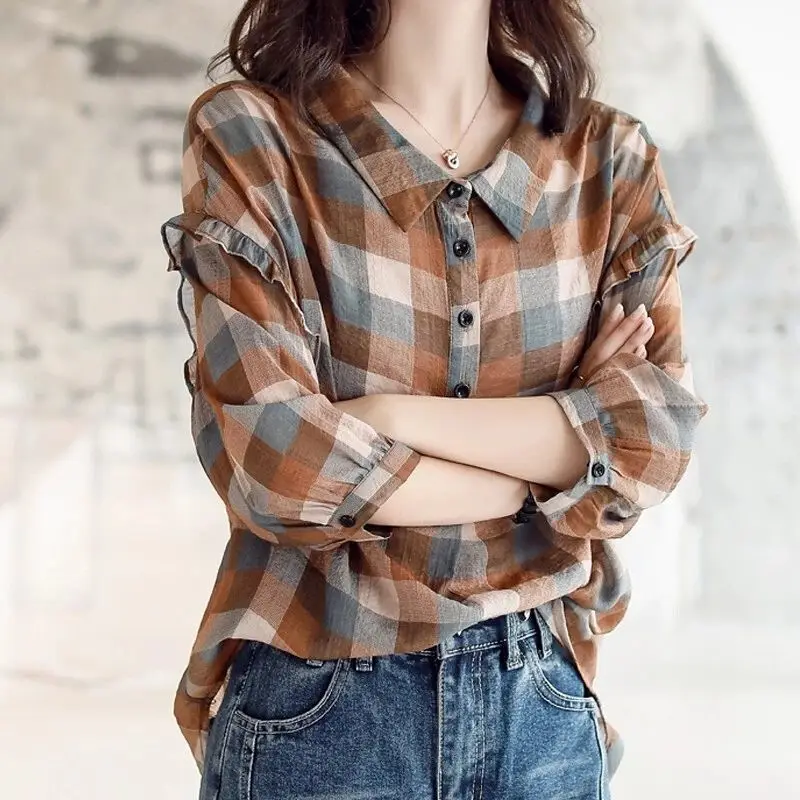 Fashion Printed Lapel Button Ruffles Plaid Shirt Female Clothing 2022 Autumn New Loose Casual Tops Korean Lantern Sleeve Blouses