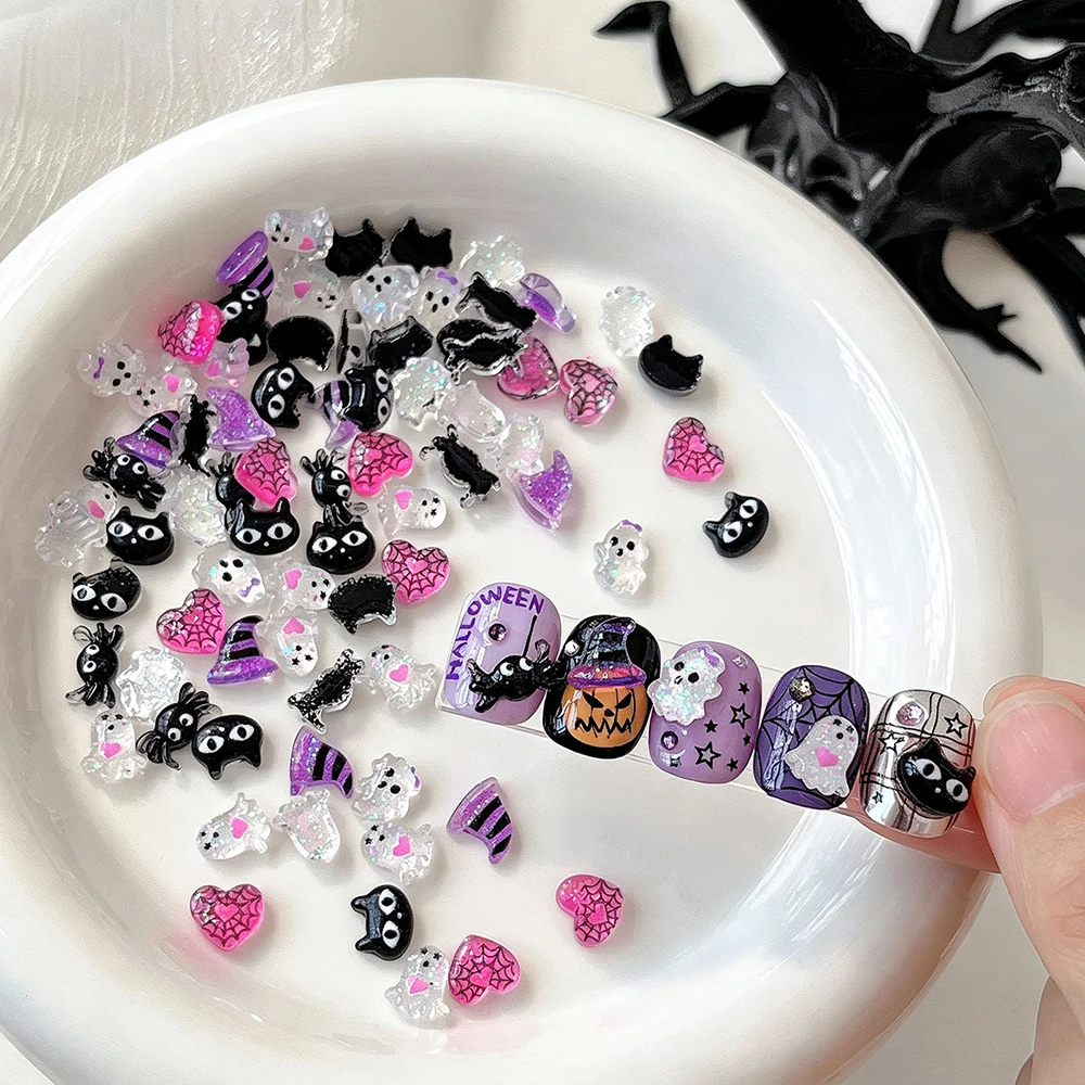 50Pcs 3D Cartoon Halloween Nail Charms Ghost Spider Cat Head Heart Magic Hat Nails Art Decorations Kawaii Manicure Accessories Z