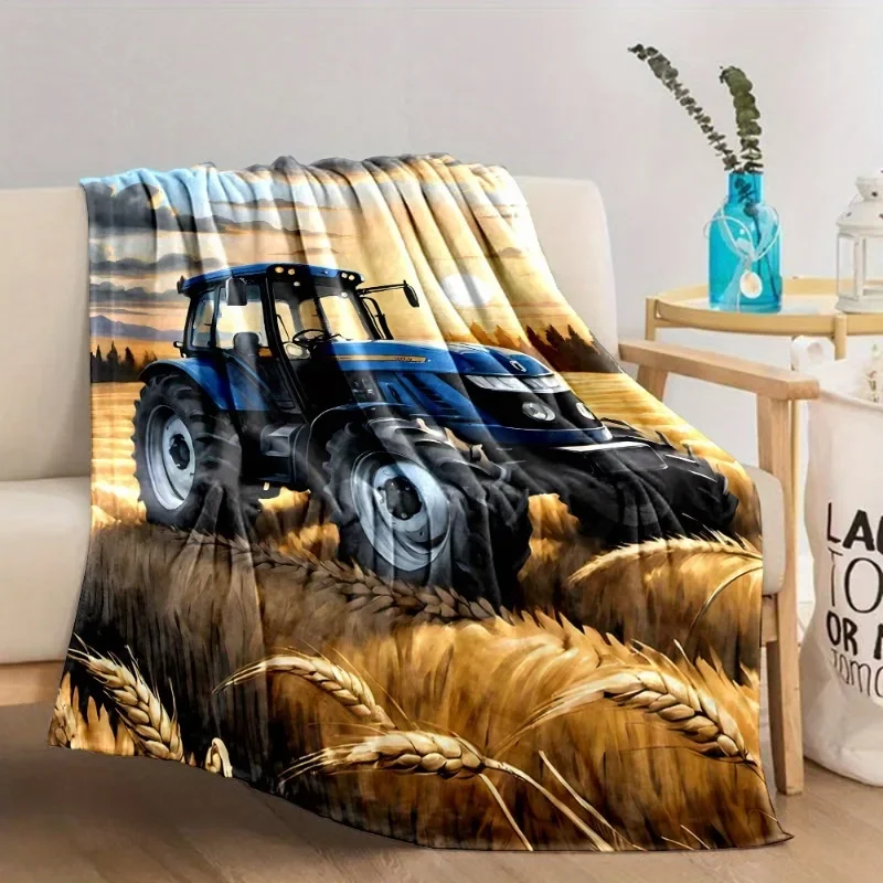 Cozy Flannel Throw Blanket with Farm Tractor Print - Soft Reversible All-Season Nap Blanket for Couch Bed Office and Travel