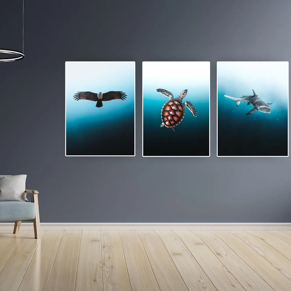 Blue Ocean Canvas Painting Eagles Shark Angle Poster Sea Turtle Decor Painting Wall Art for Room Home Decor Murals Unframed