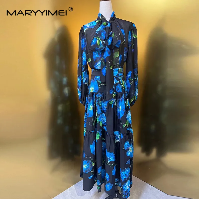 MARYYIMEI New Vintage Silk Scarf Collar Printed High-Quality Shirt + Cotton Blue Flower Printed Skirt Two-Piece Set