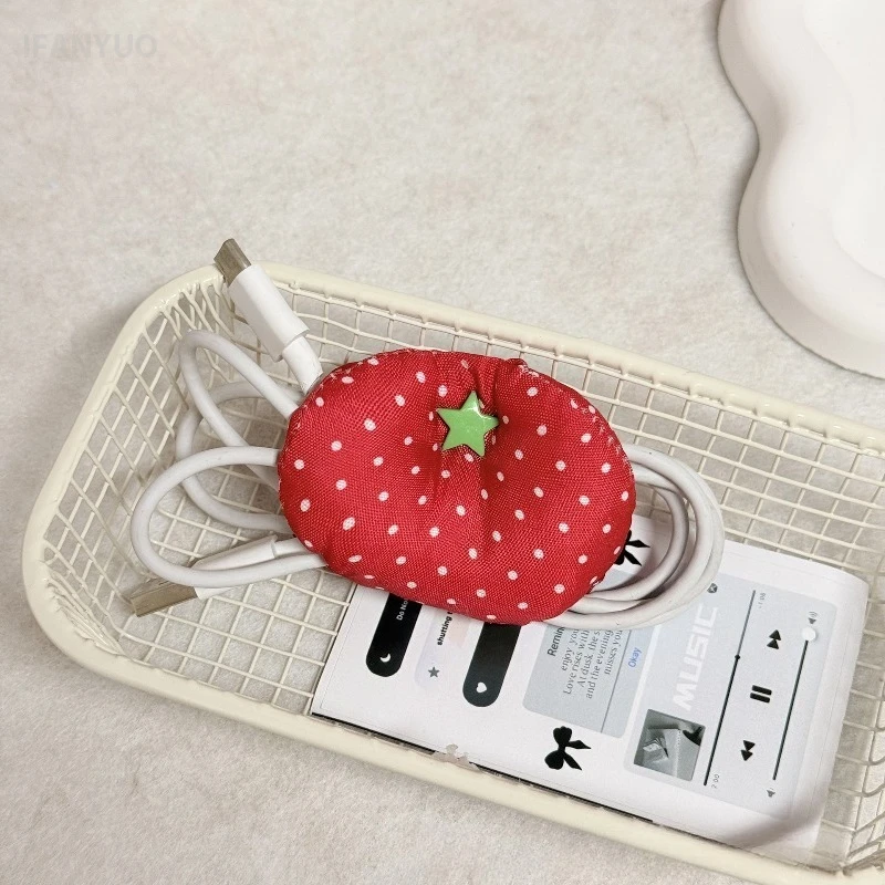 Tomato Shaped Cable Organizer Clip Portable Cute Star Design Handmade Fabric Earphone Storage Bag Home Table Deocr Accessories