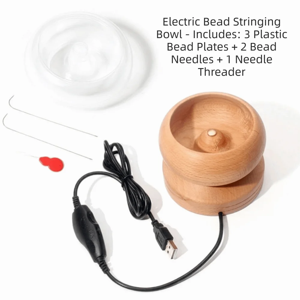 Easy Rotation Wooden Bead Spinner Automatic Speed Wooden Bead Loader Spinner with Needle Solid Wood Electric Spinning Bead Bowl
