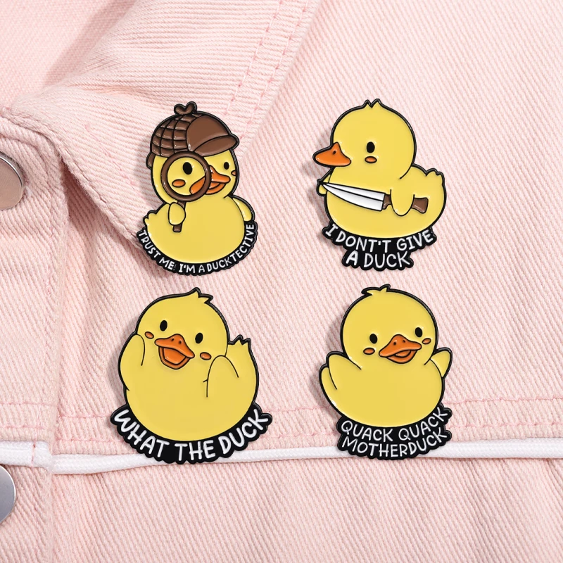 Cute Little Yellow Duck Enamel Pin Cartoon Animal Holding A Knife Metal Brooch Lapel Badge Funny Jewelry Gifts For Kids Friends