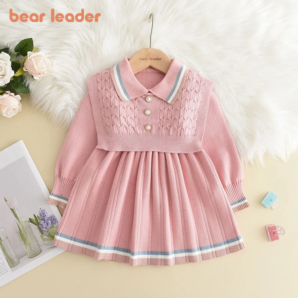 Bear Leader Kids Dresses for Girls Pearl Button Tricolor Striped Lapel Knit Skirt Winter College Style Children\'s Clothing