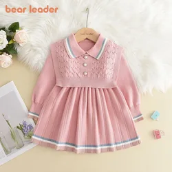 Bear Leader Kids Dresses for Girls Pearl Button Tricolor Striped Lapel Knit Skirt Winter College Style Children's Clothing