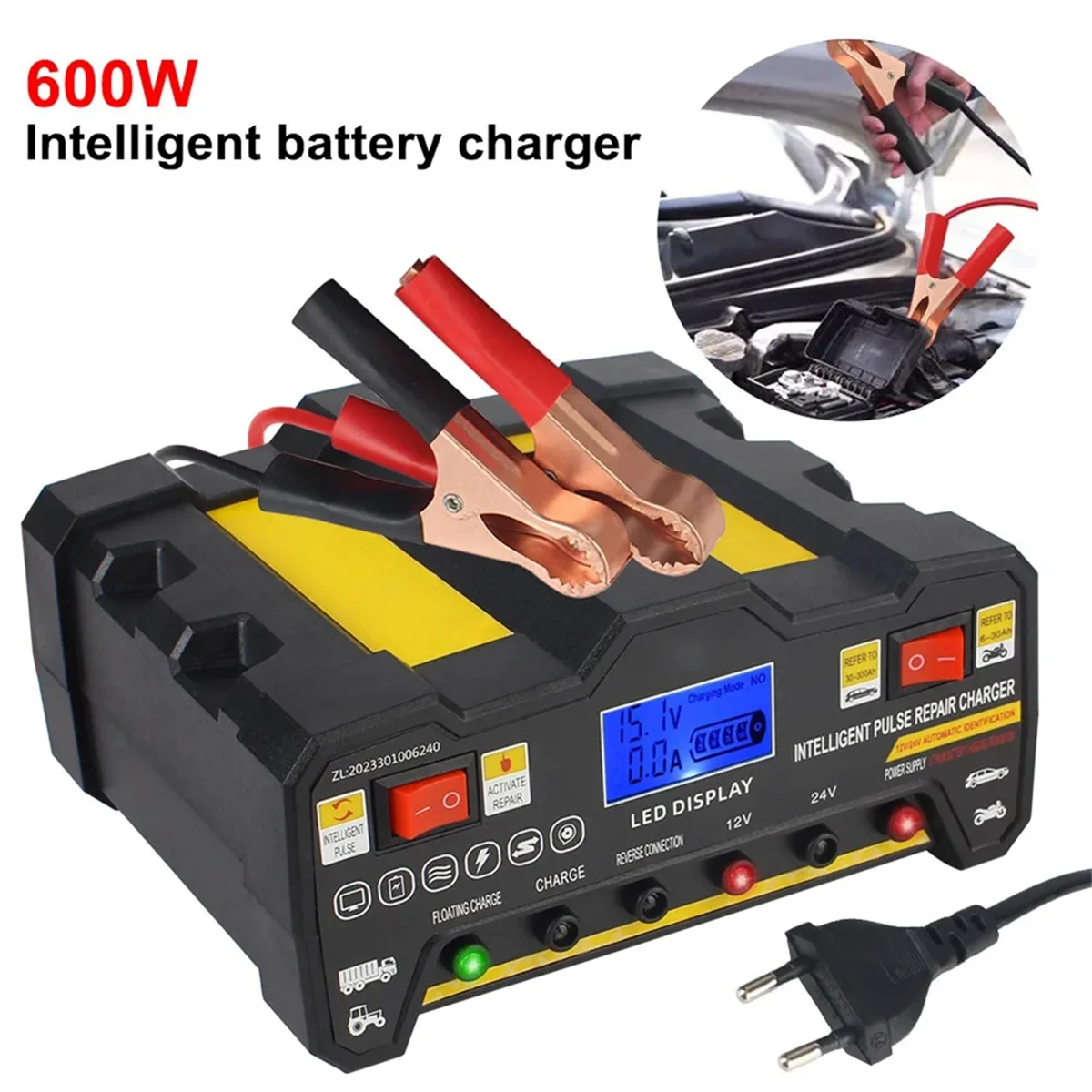 A002 Intelligent Pulse Repair Battery Charger 300AH LCD for Wet Dry Lead Acid Full Automatic Car Battery Charger EU-Plug