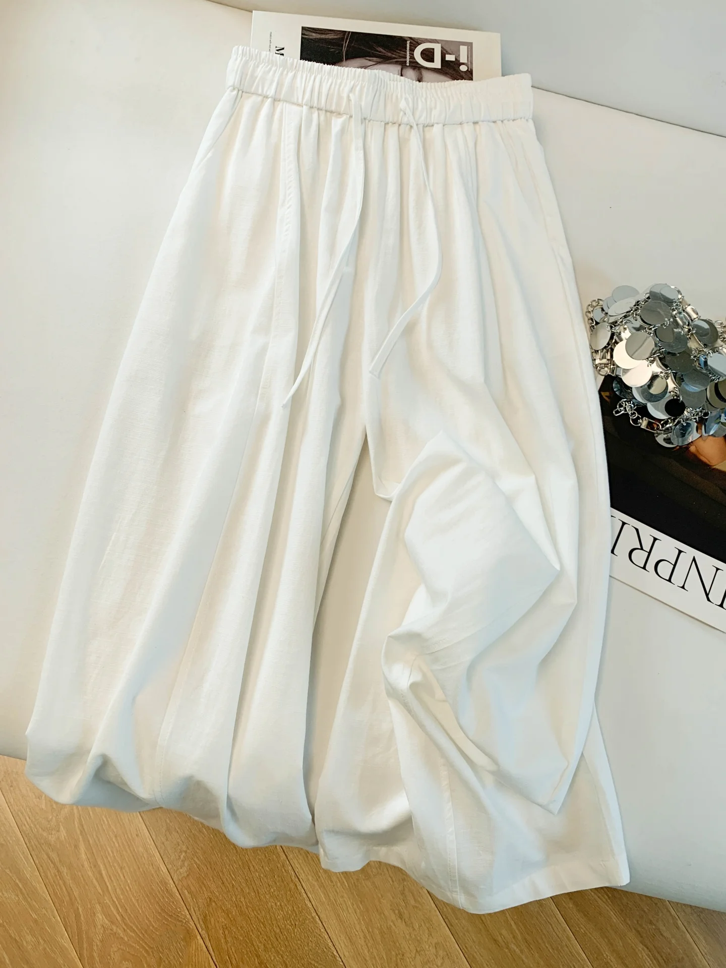 

Женские широкие брюки с высокой талией на резинке, свободного кроя, весенние, в корейском стиле, для повседневной носки, асимметричные, вязаные