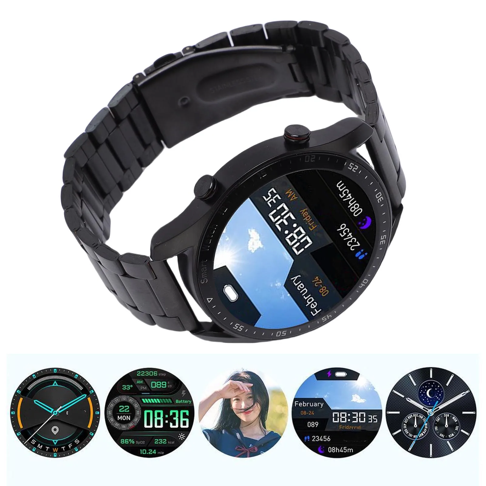 

Round Smartwatch for Men Women 1.5in Full Touch Screen Metal Strap BT Sports Watch for Study Work Life Business