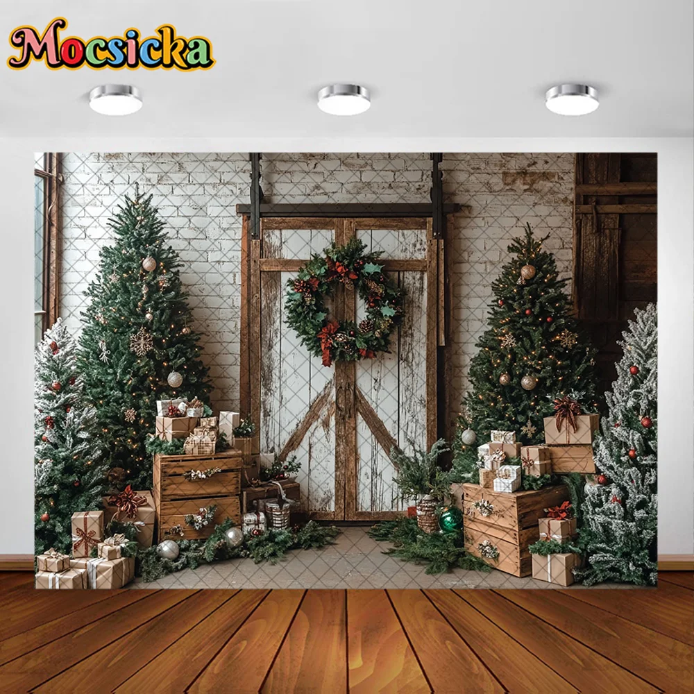 Mocsicka 写真撮影の背景 クリスマスルーム ツリードア リース 装飾背景 家族 子供 クリスマス ホリデー パーティー プロム スタジオ