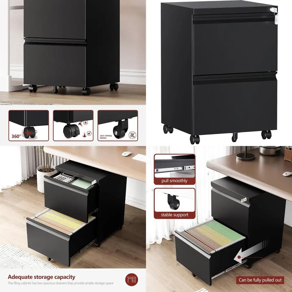 

Mobile Lockable Metal File Cabinet on Wheels, Unassembled, for A4/Letter/Legal Docs, Black