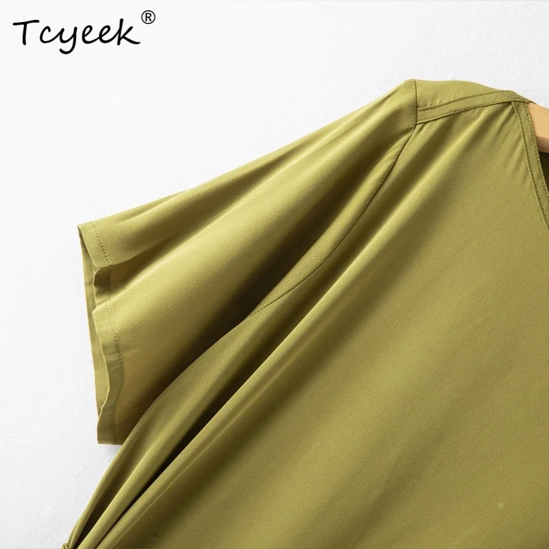 Tcyeek، فساتين أنيقة من الحرير بنسبة 93%، أكمام قصيرة ورقبة مائلة للسيدات، فستان بمزاج OL للتنقل، صيف 2024 D46193QC