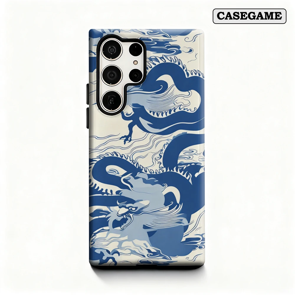 Casegame Phone Case for Samsung Galaxy S25 S26 Ultra S24 S23 Ultra Plus Shockproof Double Layer Blue Dragon Art Cover
