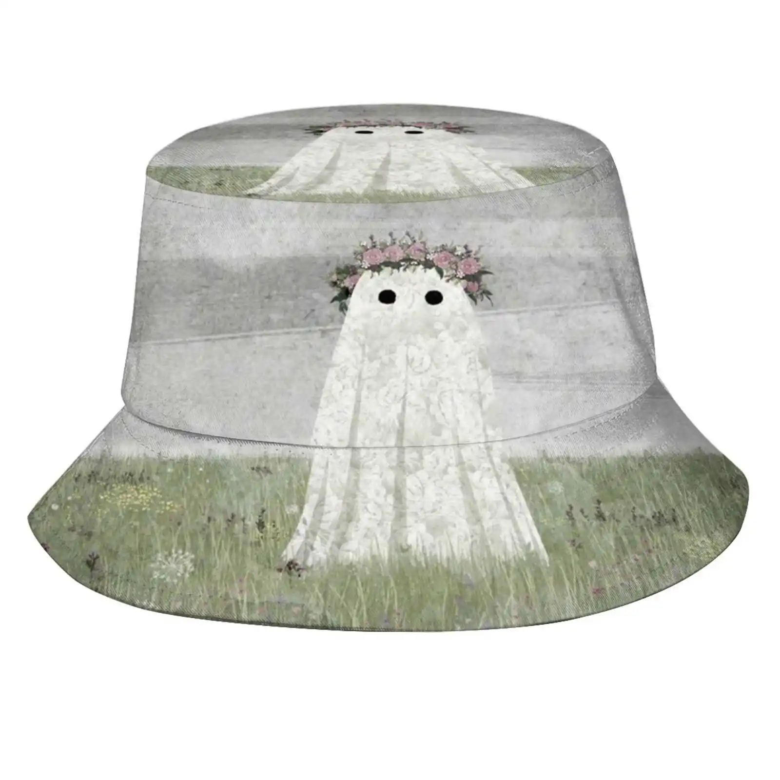 There's A Ghost In The Meadow Summer Unisex Fisherman Hats Cap Ghost Walter Flowers Nature Meadow Wildflower Grey Spring Summer