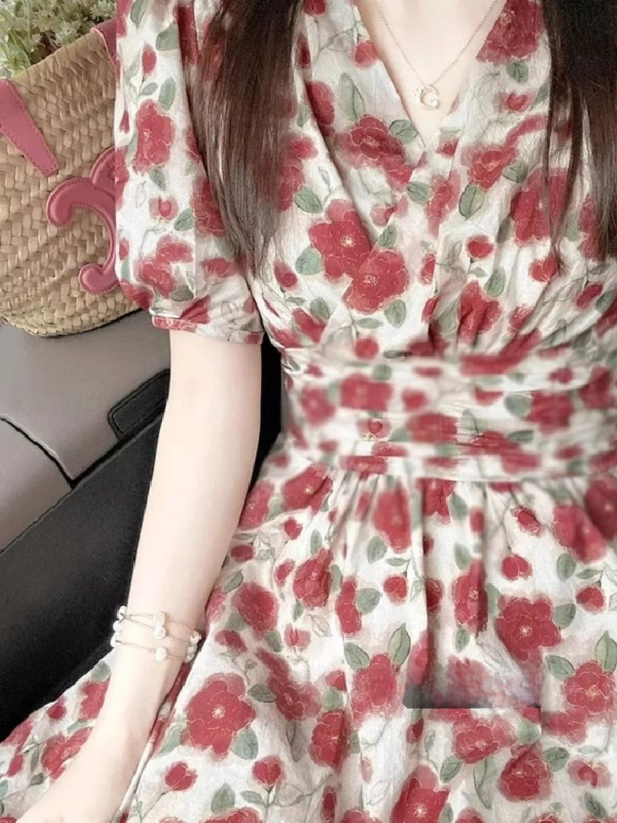 

Женское длинное платье с цветочным принтом, пышными рукавами, приталенное, французский стиль, А-силуэт, с завышенной талией, стройнящее