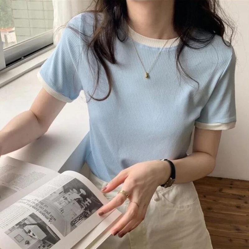 Summer New Korean Casual Top Fashion Round Neck Solid Color Casual Short Sleeved Women's T-shirt