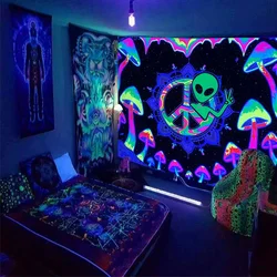 Shiny Woman Background Wall Fluorescent Tapestry Hanging Cloth Tiger City Night Skeleton Alien  Home Decor Mural