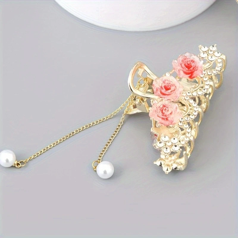 1pc zinc alloy rhinestone flower grab clip, high-end elegant rose hair ornament, exquisite and high-value half clip, exquisite h