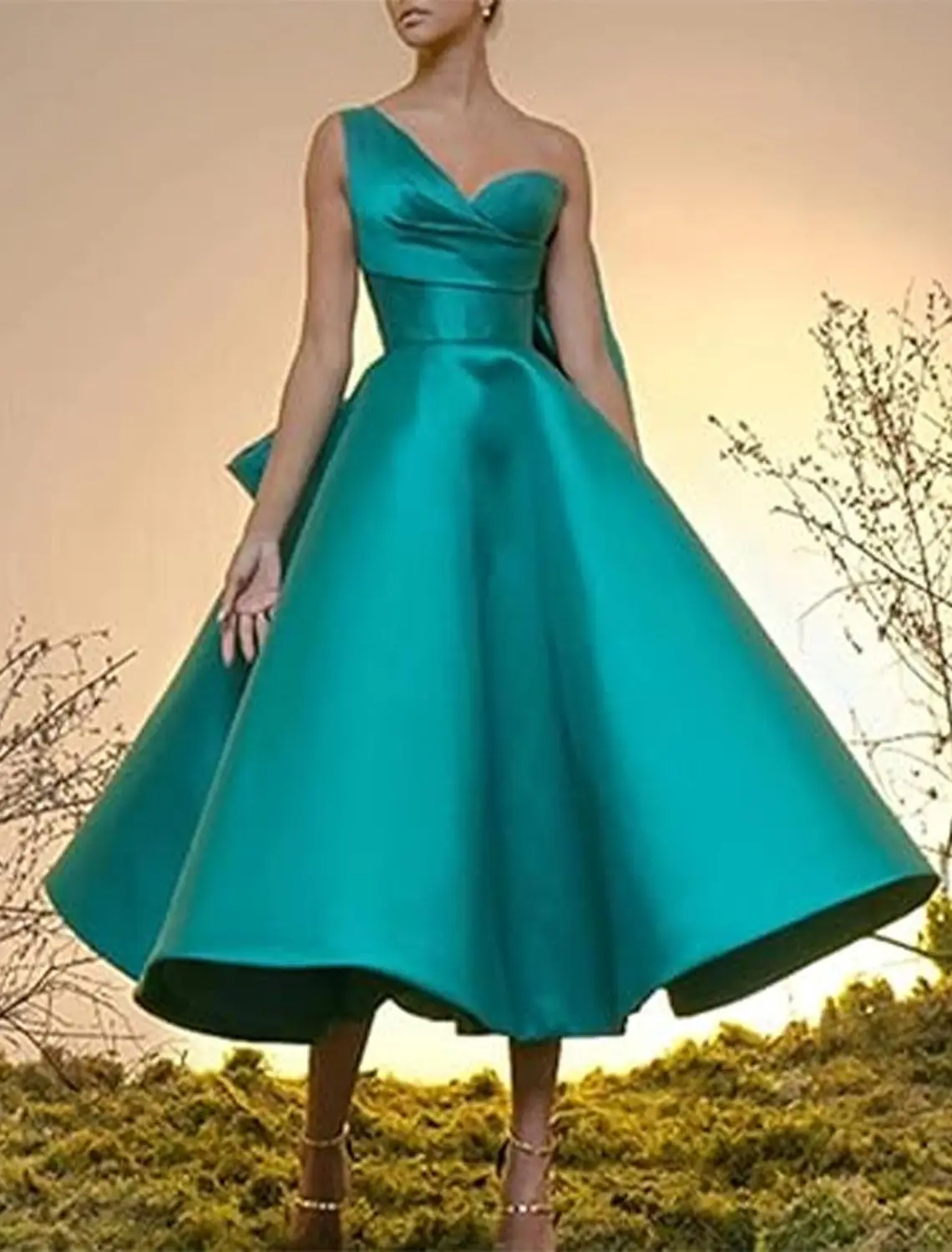 

Ball Gown Sexy Formal Prom Cocktail Dress One Shoulder Tea Length Sleeveless Homecoming Dress Party Dress Bow