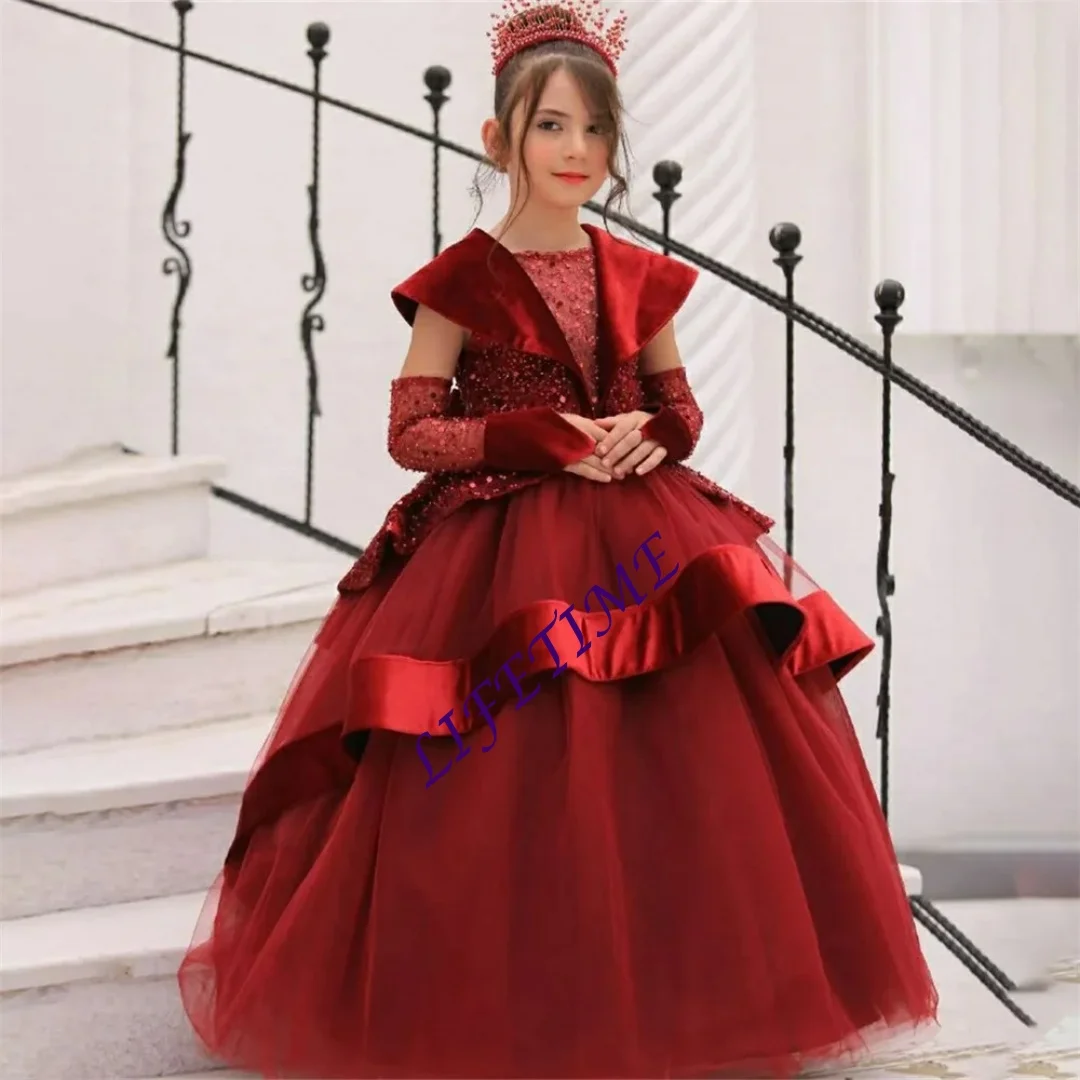 

CustomizedLuxury Shiny Sequined Formal Pleat Elegant Flower Girl Dress Floor Length Sweep Train Long Ball First Communion Gown C