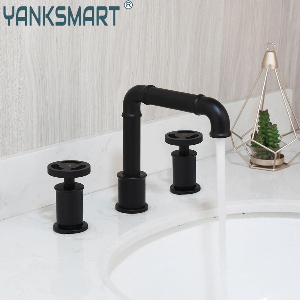 

YANKSMART Matte Black Bathroom Faucet 3 Pieces Bathtub Deck Mounted Industrial Unique Design Basin Sink Faucet Mixer Water Tap