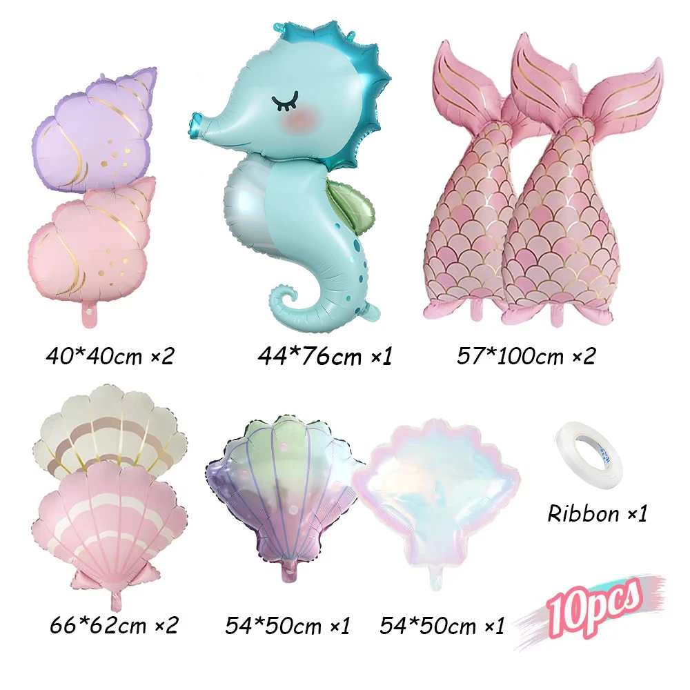 10-teiliges Meerjungfrauenflossen-Folienballon-Set, Muschel-Heliumballons, Babyparty, Ozean, Unterwasser, Mädchen, Meerjungfrauen-Geburtstagsdeko – Detail 3