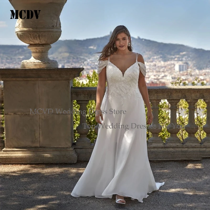 

MCDV Plus Size Wedding Dress Chiffon A Line V Neck Applique Sequin Bridal Gown Spaghetti Straps Civil Bride Dresses