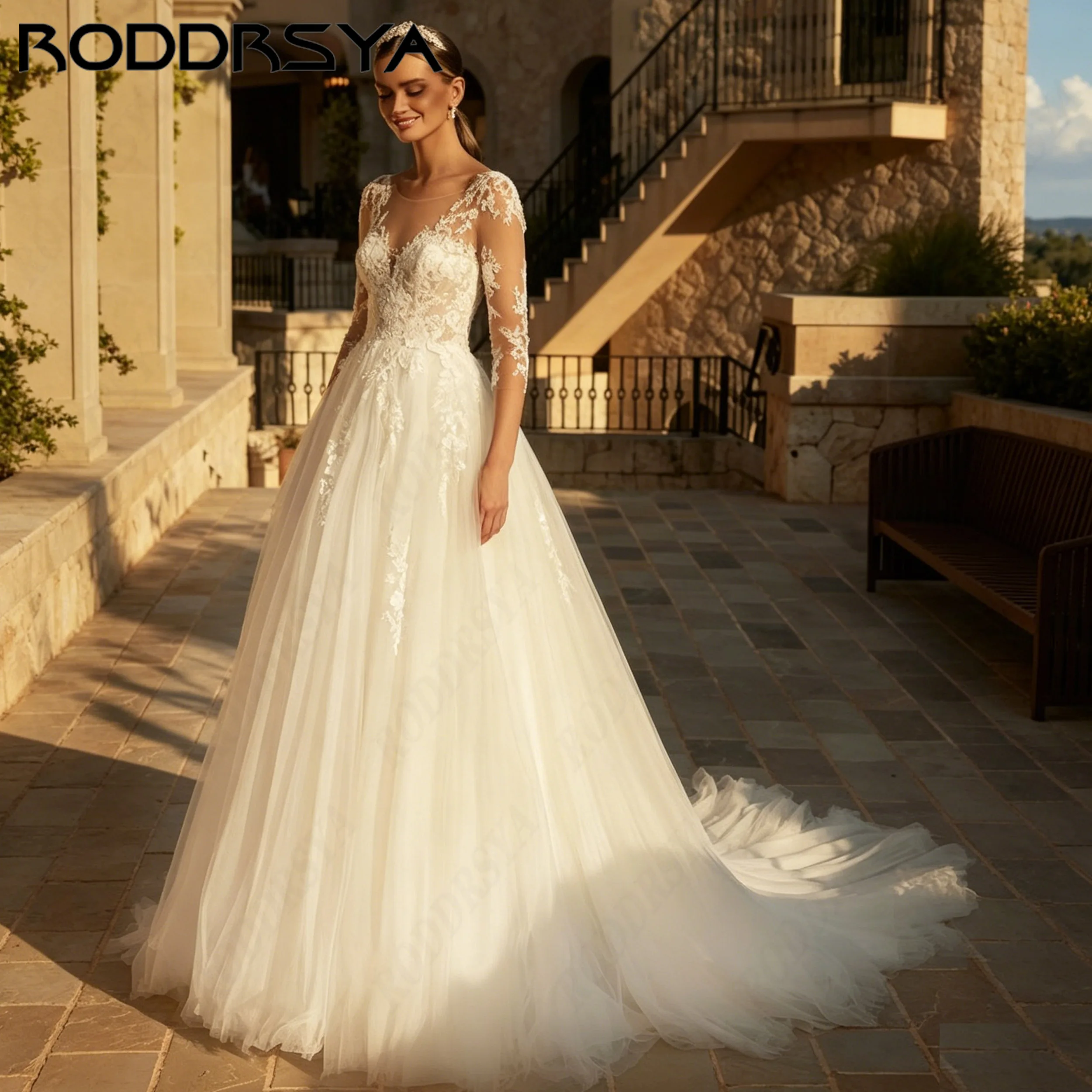 RODDRSYA Appliques Illusion Sleeve A-Line Wedding Dress Scoop Neck Tulle Bridal Gown Exquisite vestidos de novia Customized