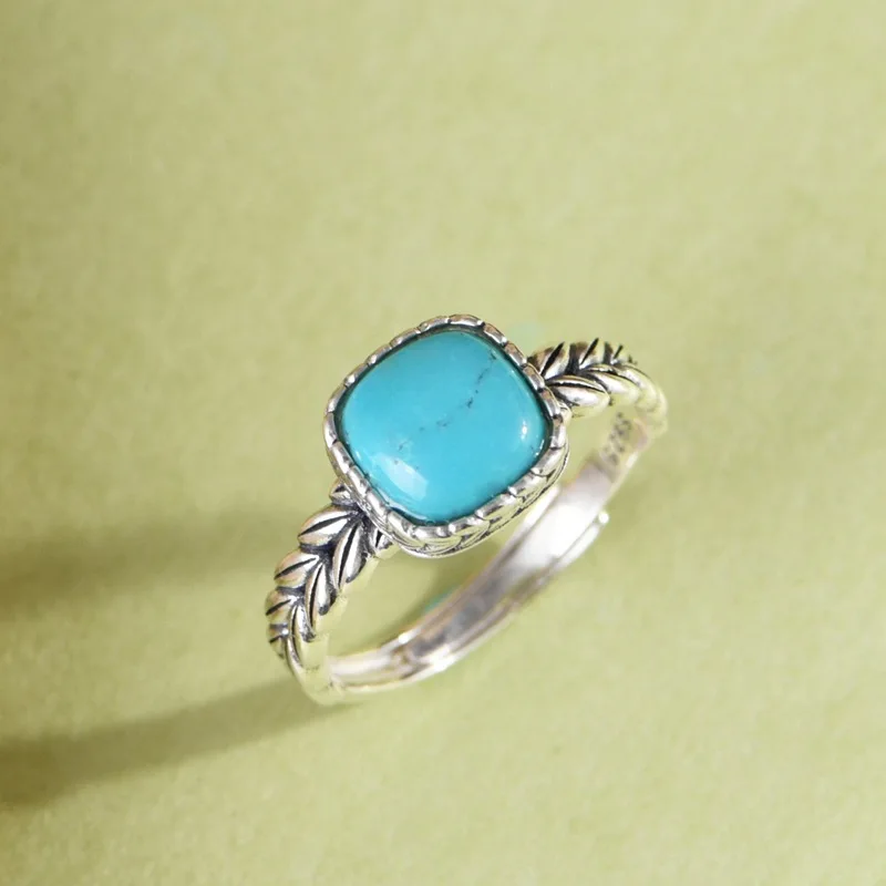 

Кольцо из натурального синего бирюзового зеленого нефрита и желтого янтаря для женщин, серебряное кольцо из пшеницы 925, тайское серебряное квадратное кольцо, модное этническое бижутерия