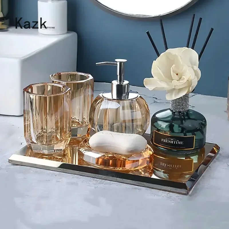 Crystal Glass Bathroom Decoration Accessories Light Luxury Glass Cup Toothbrush Holder Soap Bottle Bathroom Accessories Set Tray