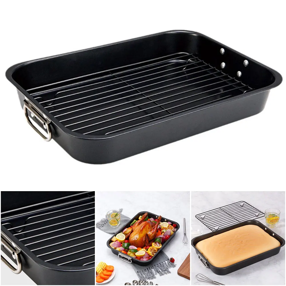 

Carbon Steel Roaster with Rack Multi-Function Thickened Baking Pan Dishwasher Safe Rectangular Roaster Pan for DIY Cake Chicken