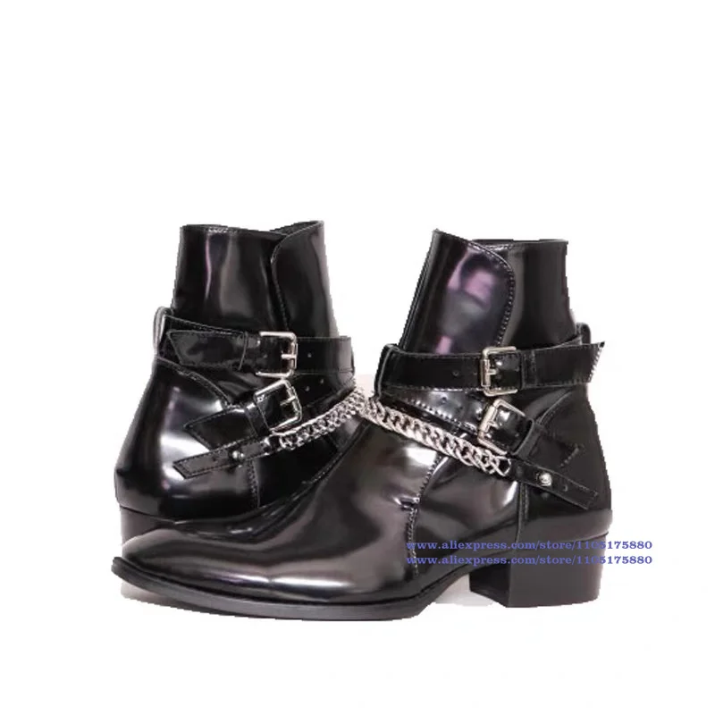 Shiny Patent Leather Chelsea Boots Pointy Toe High Top Buckle Strap Ankle Booties Luxury Designer Men's Boots Botas Mujer