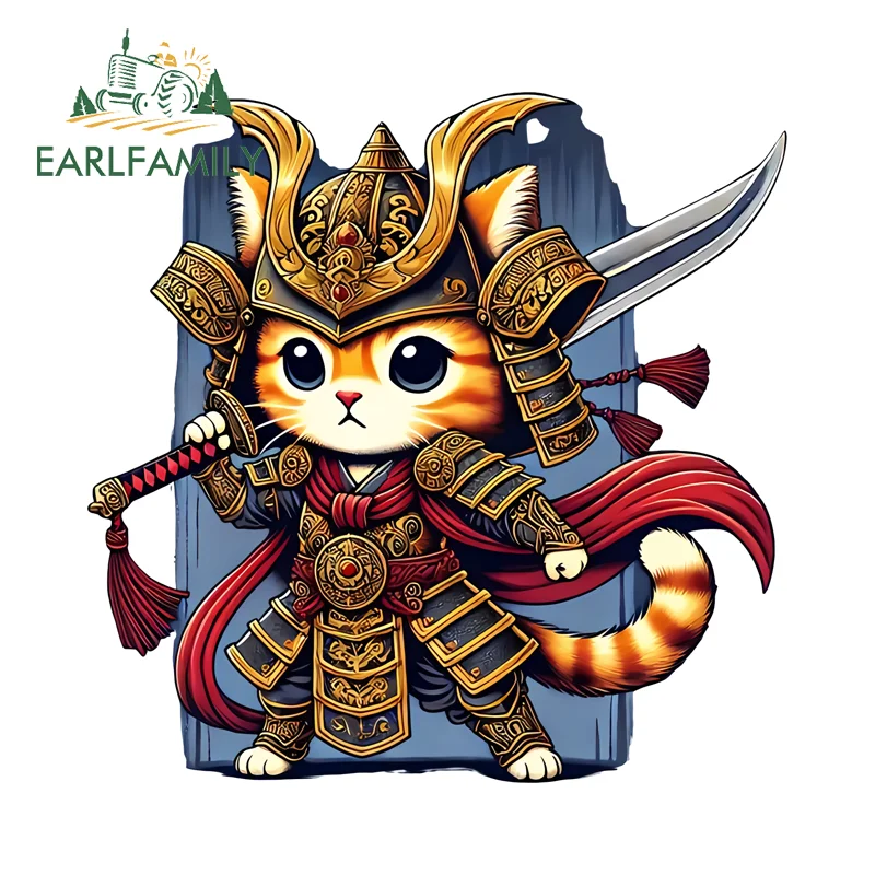 EARLFAMILY Japanese Style Samurai Cat With Katana Car Sticker Personal Warrior Item Windshield Bumper Decal Nice Vinyl Car Wrap