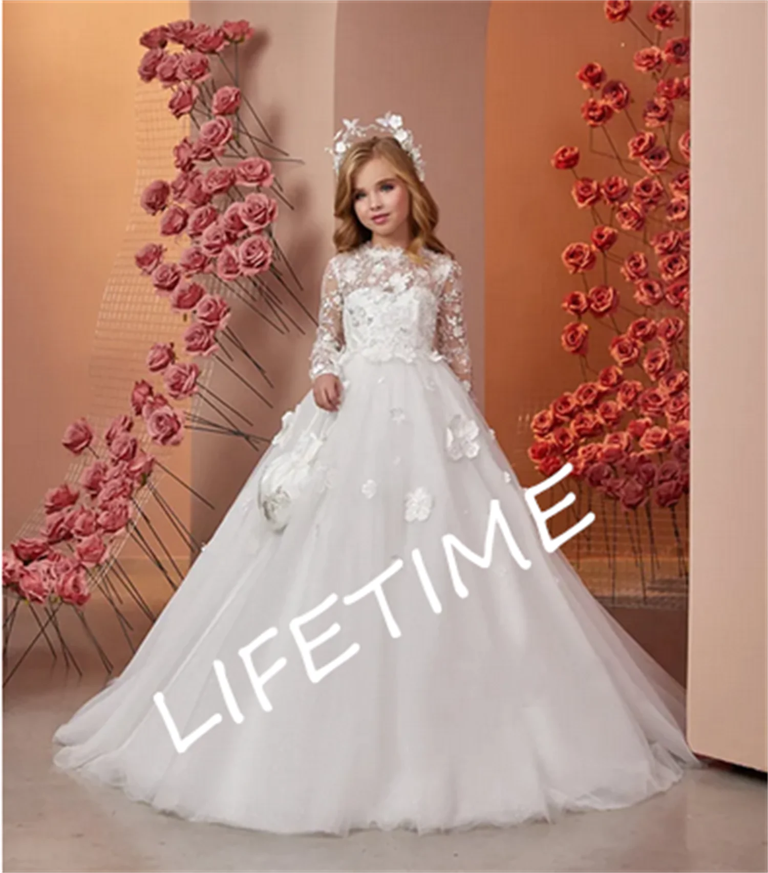 Flower Girl Dresses Lace Floral Applique Pageant Dresses For Girls First Communion Gown Kids Prom Dresses