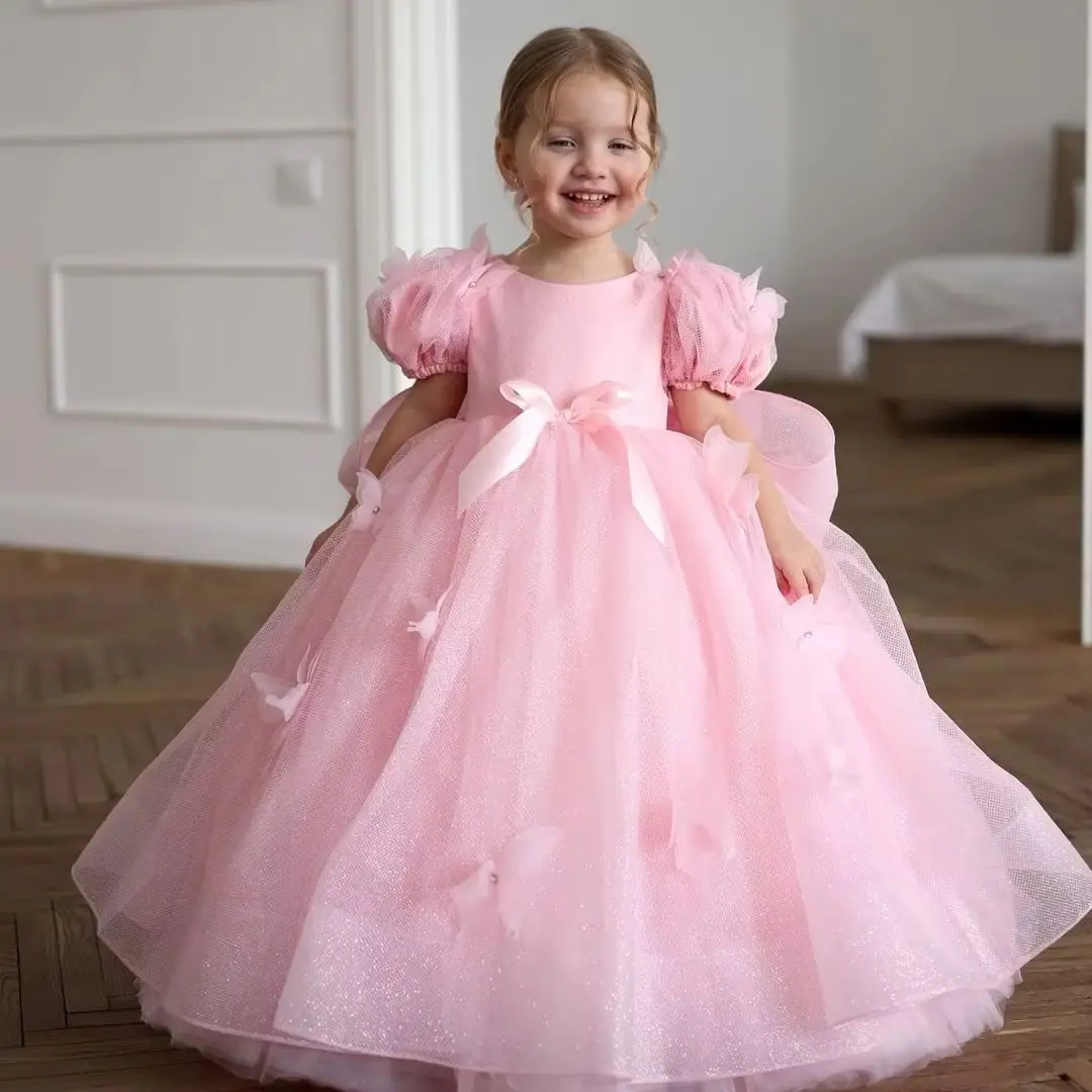 Puffy Pink Bow Flower Girl Dresses Ball Gown Tulle Children Birthday Party Gowns Little Girls Infant Baby Dresses