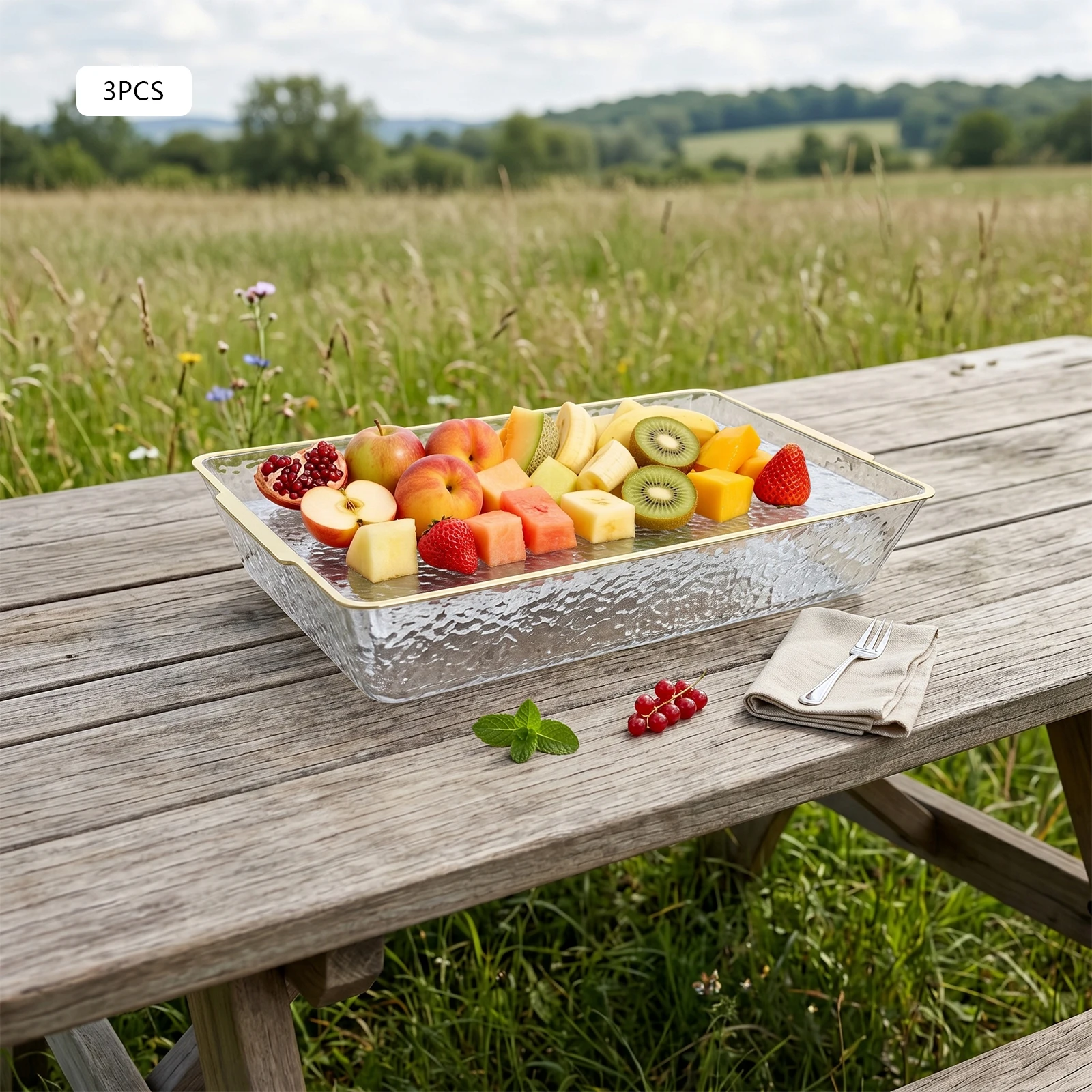 Chilled Serving Tray Set 3 Trays & 3 Bowls, Rectangle Ice Serving Dish for Seafood Sushi, Double-Layer Party Platter