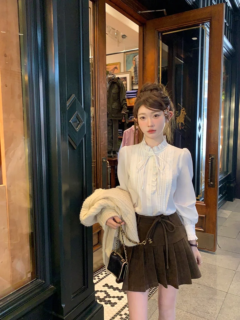 

White Embroidered Silk Cotton Shirt Women's Knot Design Casual Style Long Sleeve Loose Fit Pure Color Commute Fashion