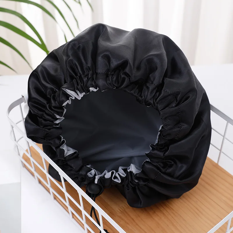 Double Layer Large Adjustable Drawstring Satin Shower Cap, Waterproof PEVA Lined Bath Hair Bonnet for Women Hair Care Spa